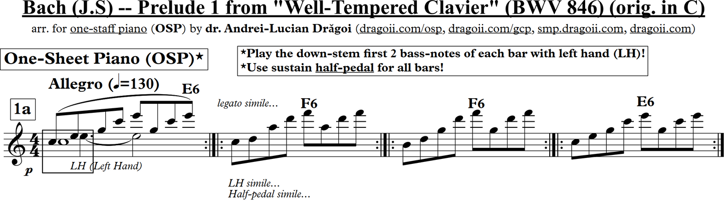 Bach (J.S) -- Prelude 1 from "Well-Tempered Clavier" (BWV 846) (orig. in C) -- arr. for one-staff piano (OSP) in C (pdf, mp3 & wmv audio-video score)