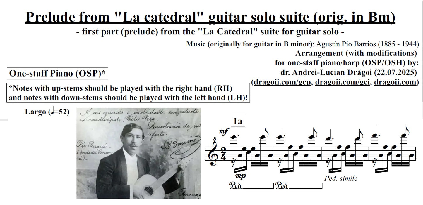 Barrios (Agustin) -- Prelude from "La catedral" guitar solo suite (orig. in Bm) -- arr. for one-staff piano (OSP) in Am (pdf, mp3 & wmv audio-video score)
